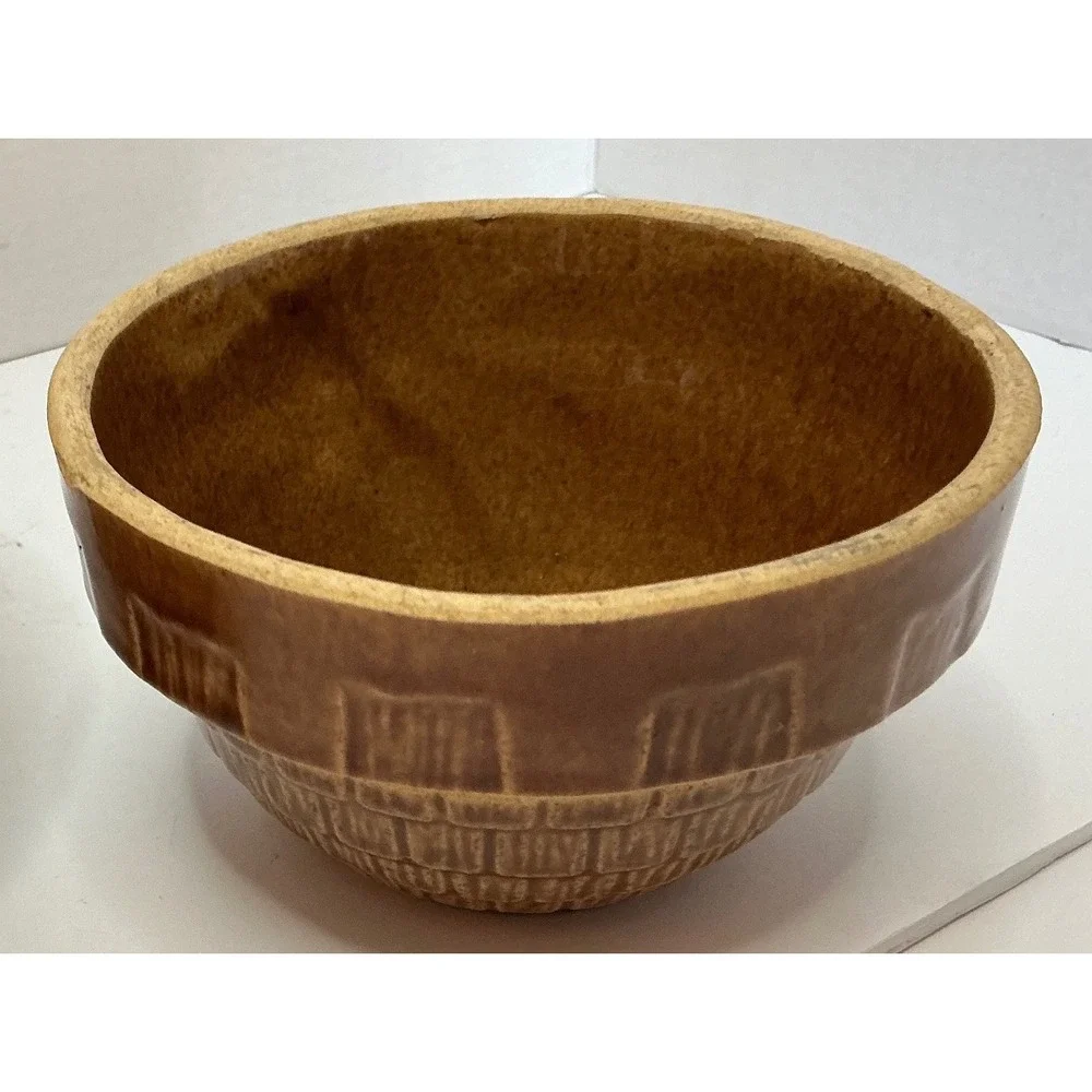 Vintage Mixing Bowls Set of 2 Basket Weave Brown Stoneware 7in 5in USA